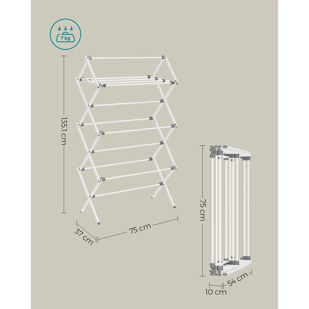 Foldable clothes drying rack with dimensions on a beige background