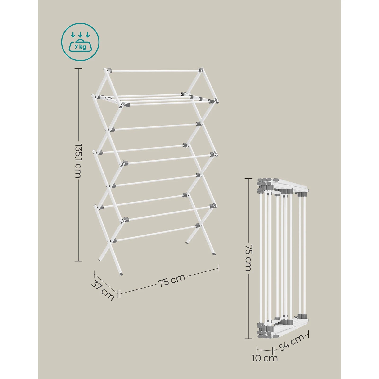 Foldable clothes drying rack with dimensions on a beige background