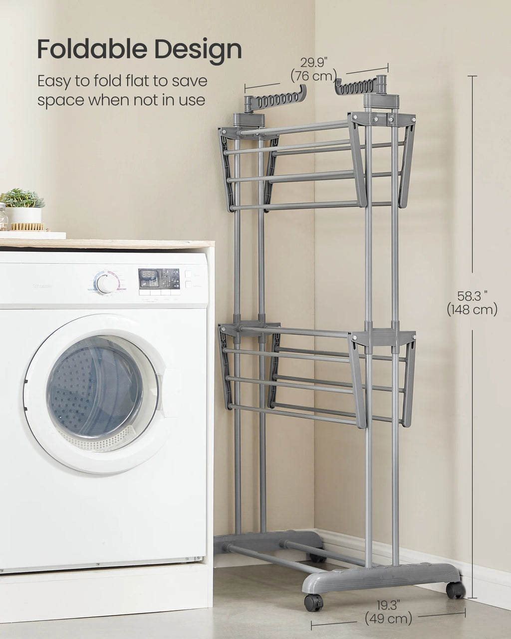Foldable clothing rack next to a washing machine with dimensions displayed