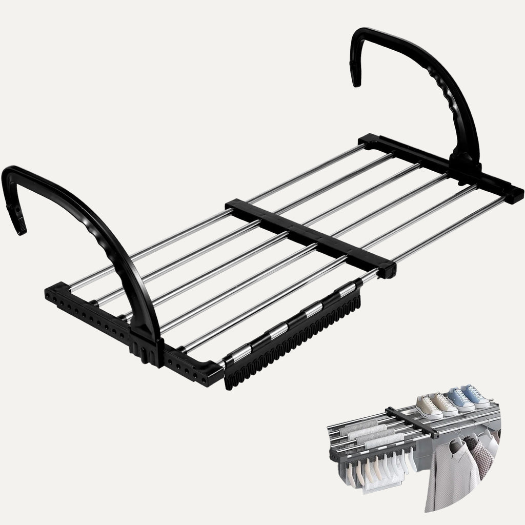 Foldable clothing rack with black metal frame and silver bars on a white background.