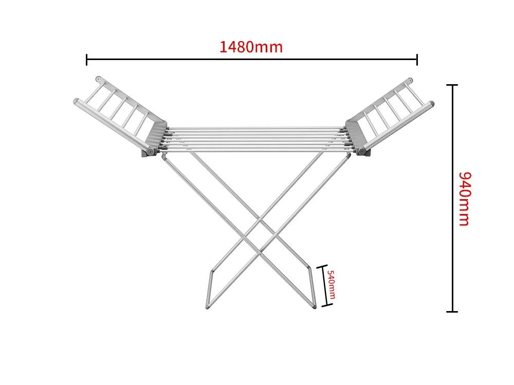 Foldable drying rack with dimensions labeled on a white background