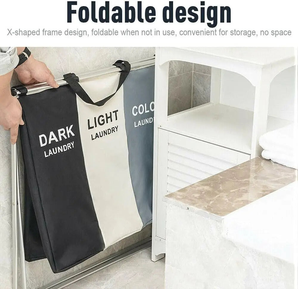 Foldable laundry bag with labels for dark and light laundry, shown in a compact state.