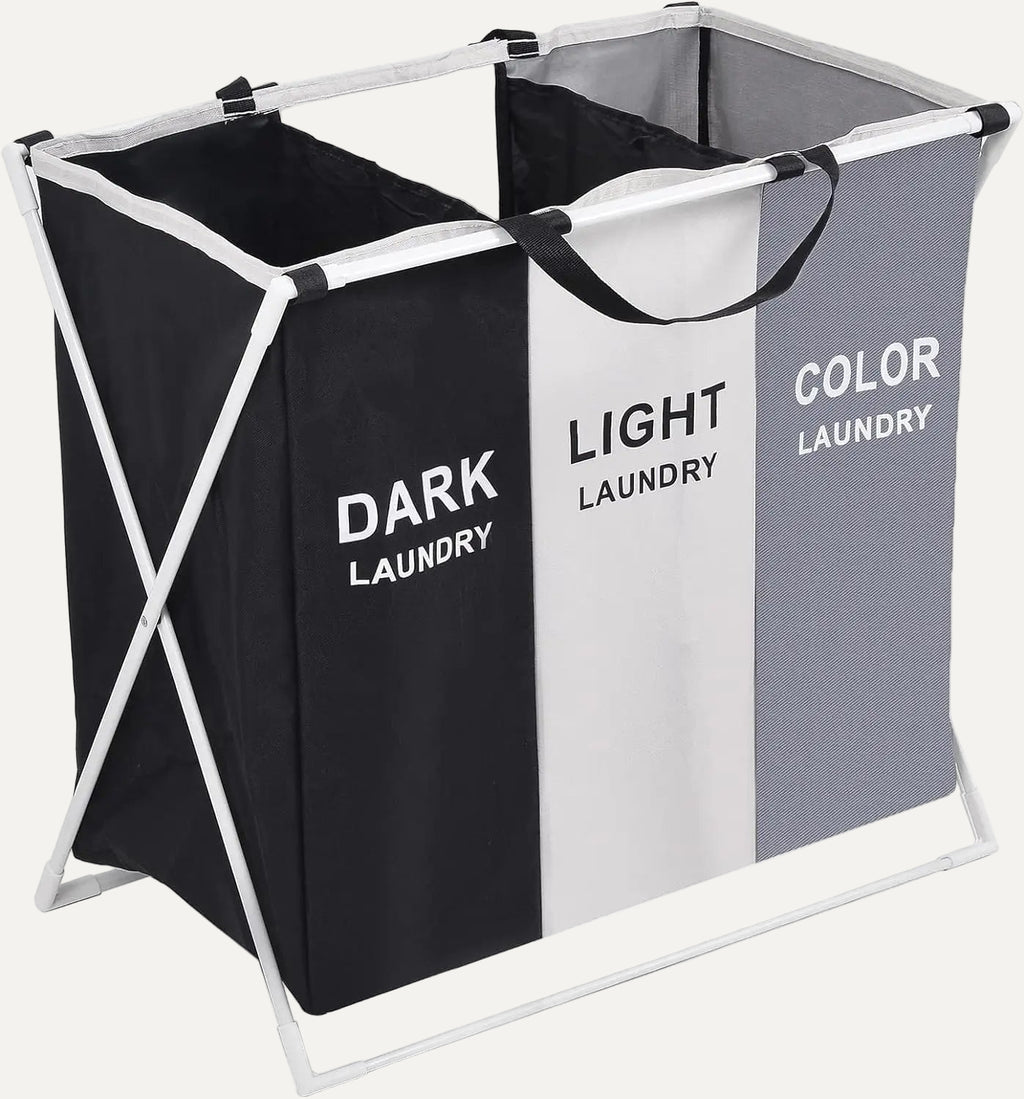 Foldable laundry bag with labels for dark, light, and color laundry
