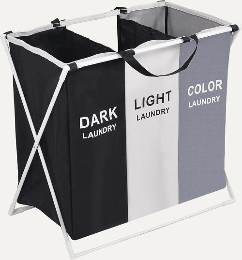 Foldable laundry bag with labels for dark, light, and color laundry