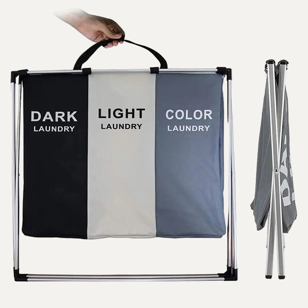 Foldable laundry bag with labels for dark, light, and color laundry folded.