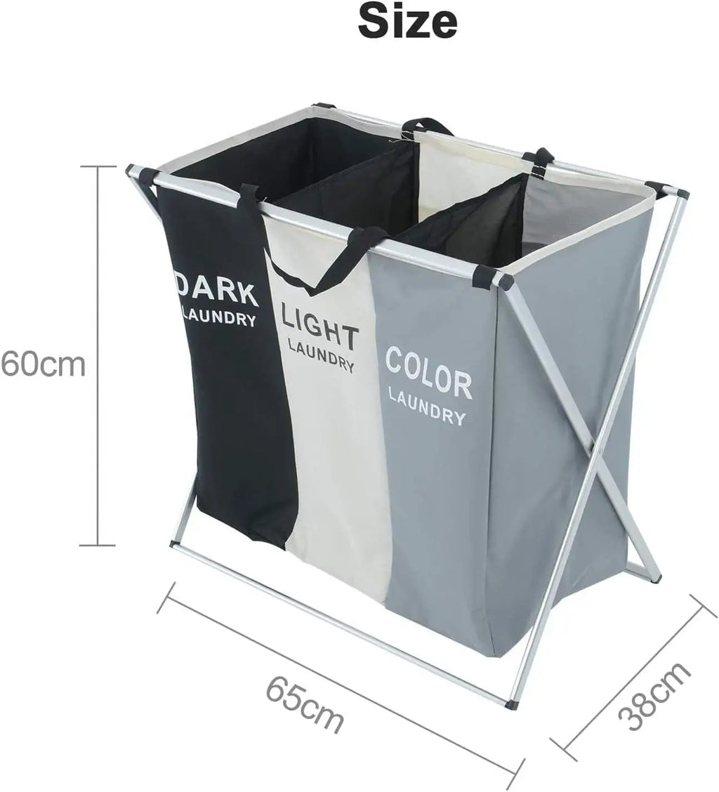 Foldable laundry bag with labels for dark, light, and color laundry with dimensions highlighted.