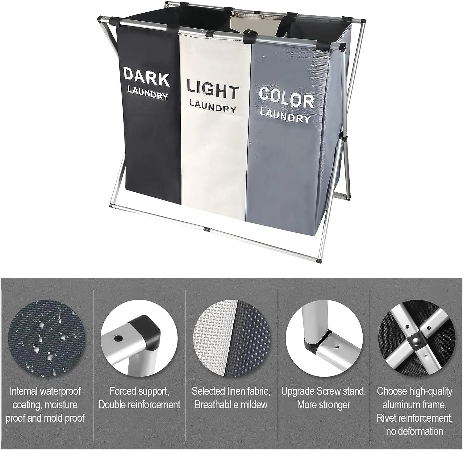Foldable laundry bag with labels for dark, light, and color laundry with features highlighted.