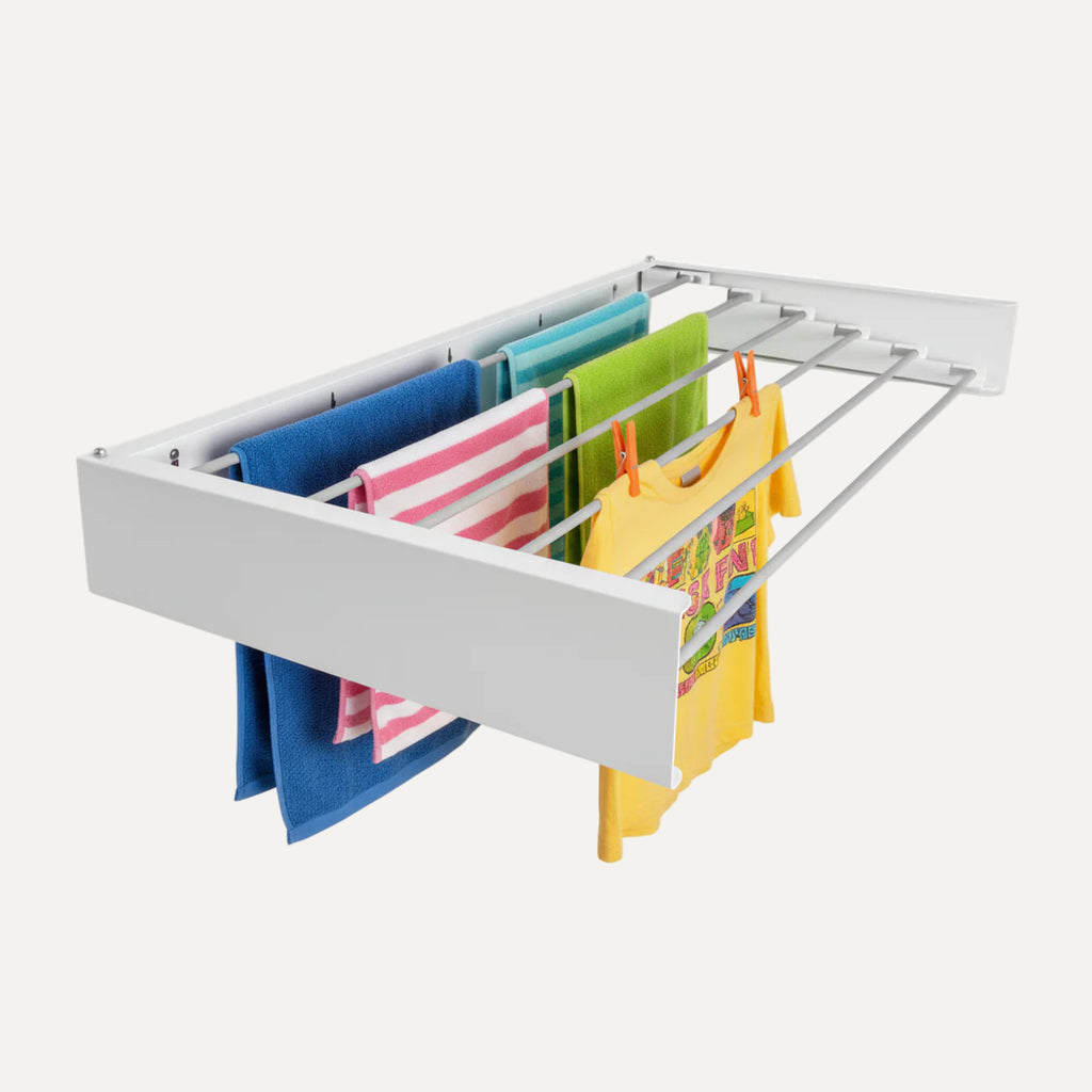 Foldable laundry rack/clothes airer with colorful clothes on a white background