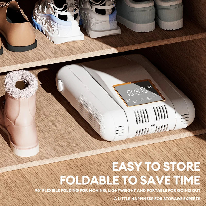 Foldable shoe dryer on a wooden floor with shoes on shelves above