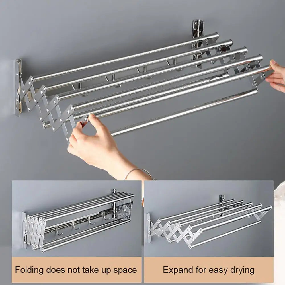 Foldable towel rack with a hand demonstrating its use on a gray background