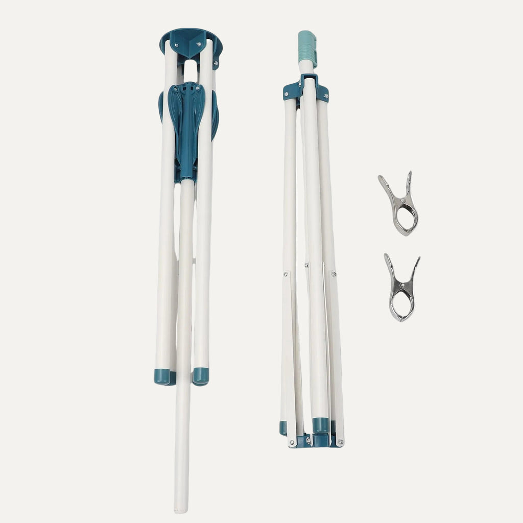 Folded Tripod-Style drying rack/clothes airer on a white background with accessories on the side