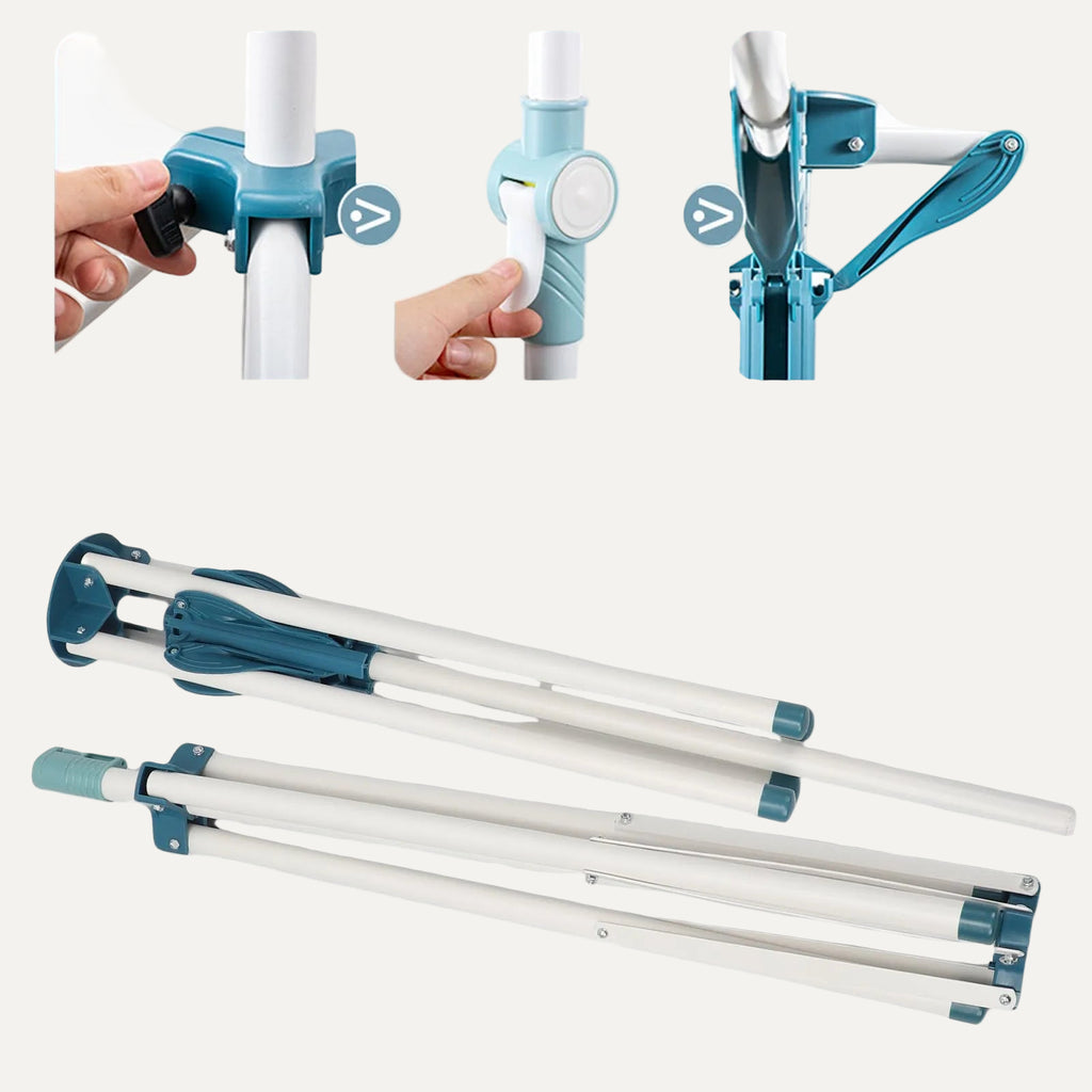 Folded Tripod-Style drying rack/clothes airer on a white background with instructions for extending the rack