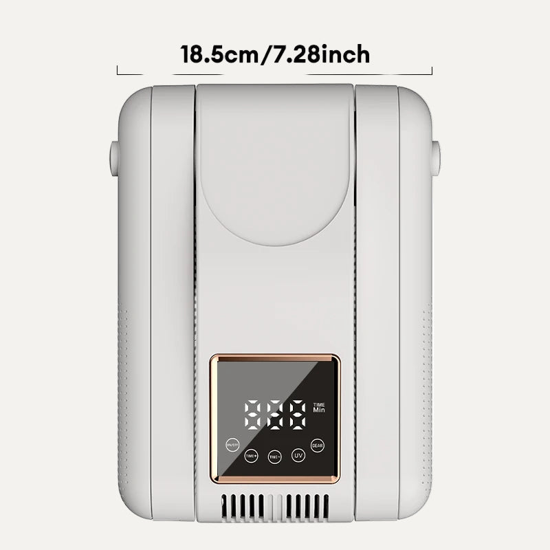 Folded white electronic shoe dryer with a digital display on a white background, showing dimensions.