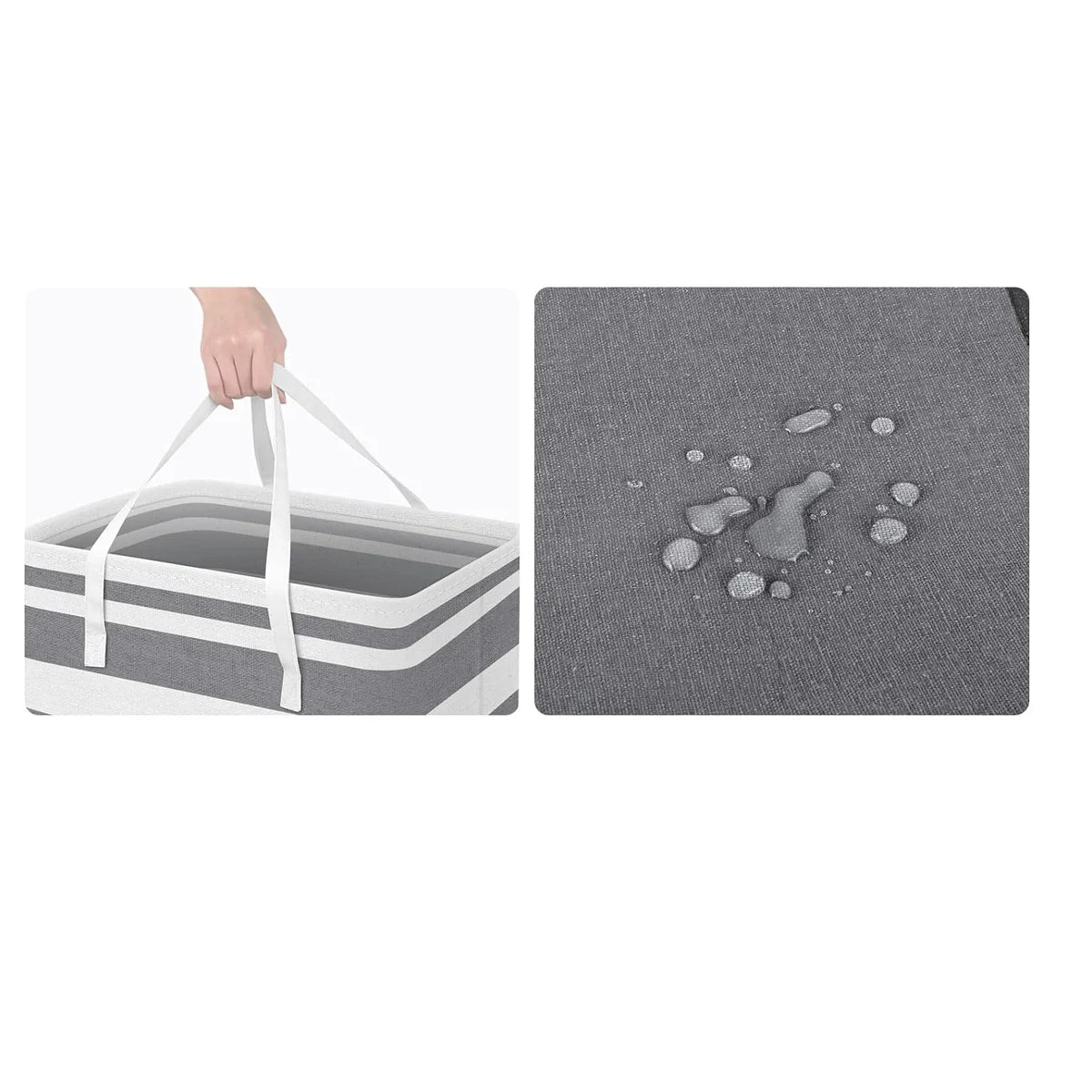Gray and white storage bin with a hand holding it, and a gray mat with water droplets on a white background.