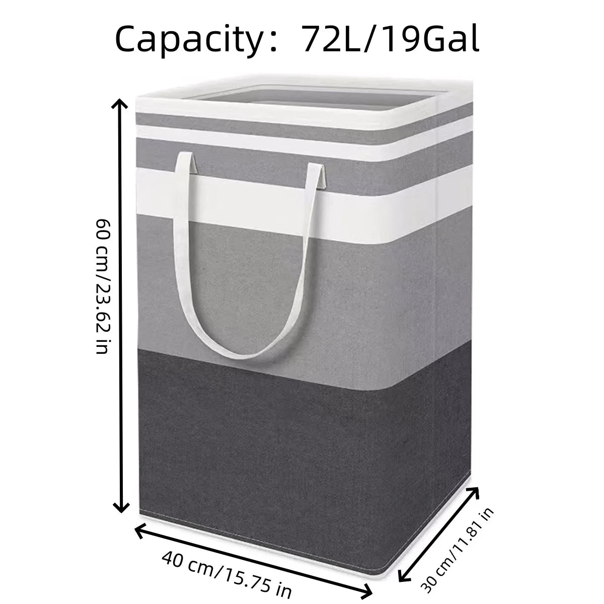 Gray and white striped laundry basket with dimensions and capacity details on a white background