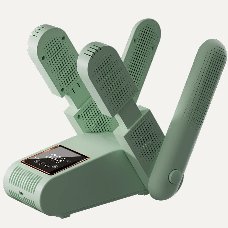 Green ortable Electric Shoe Dryer with multiple antennas on a white background