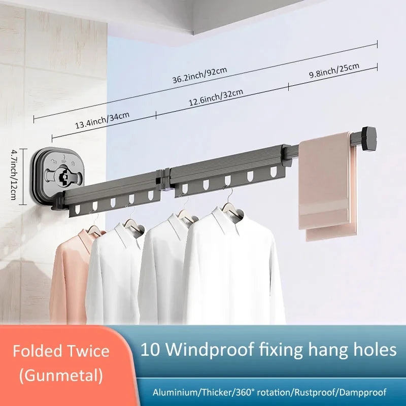 Hanging rack with dimensions and features displayed on a white background