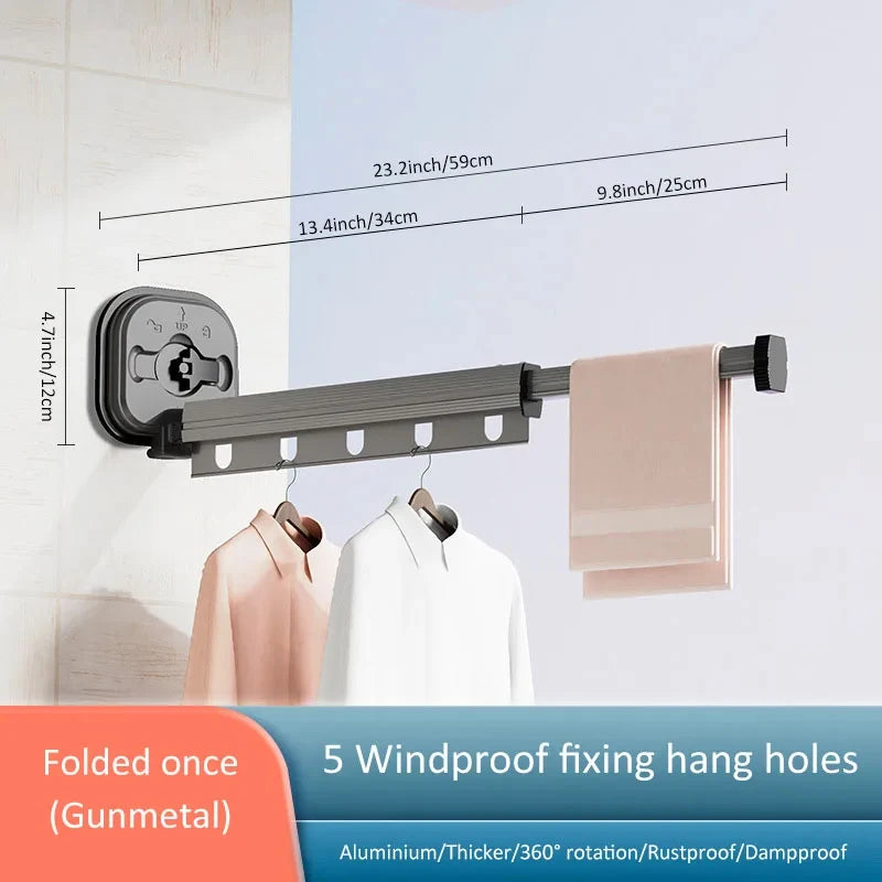 Hanging rack with dimensions and features on a white background