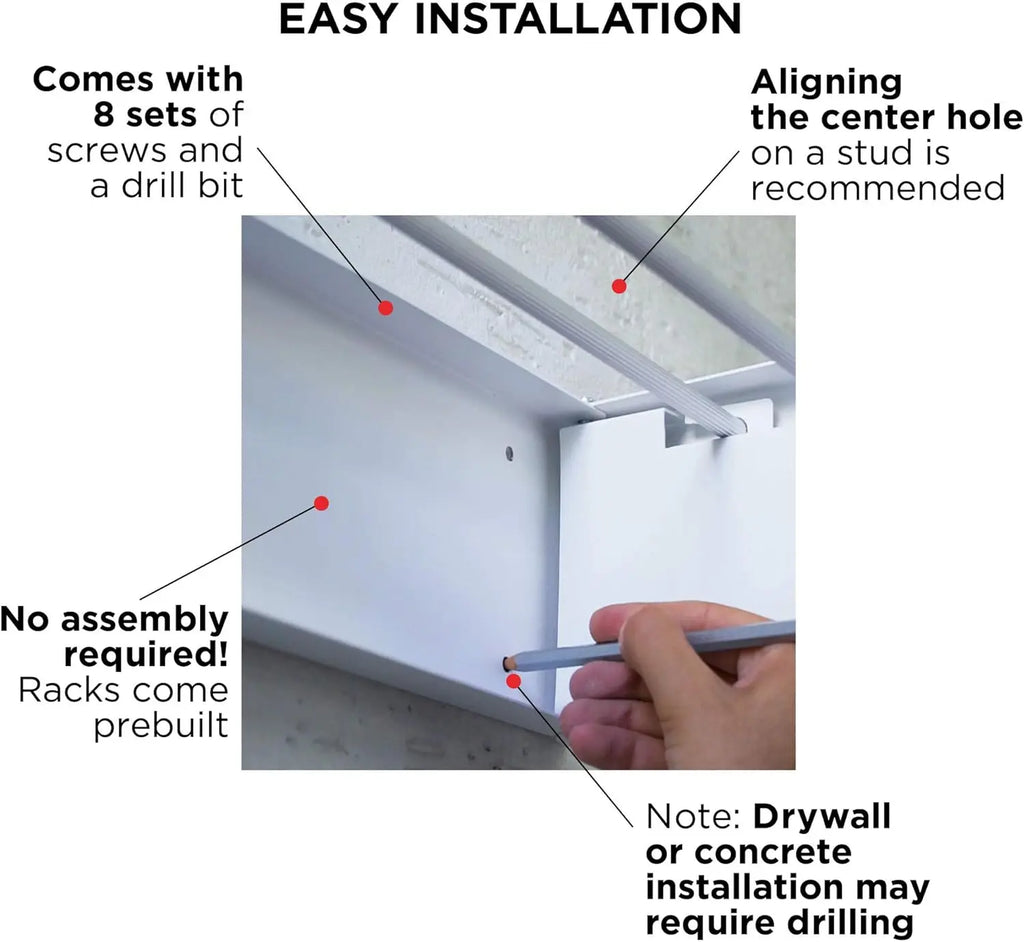 Installation guide for a rack system with text on easy installation, screws, and drill bit.