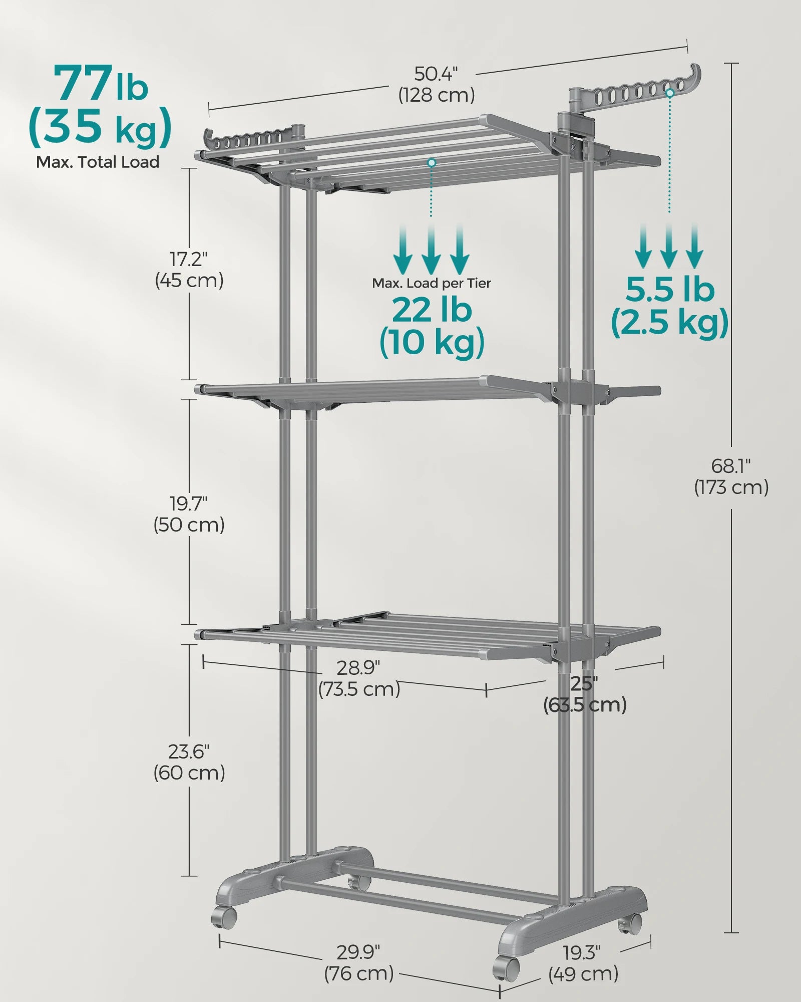 Measurement chart of a four-tier metal shelf with dimensions and load capacities.