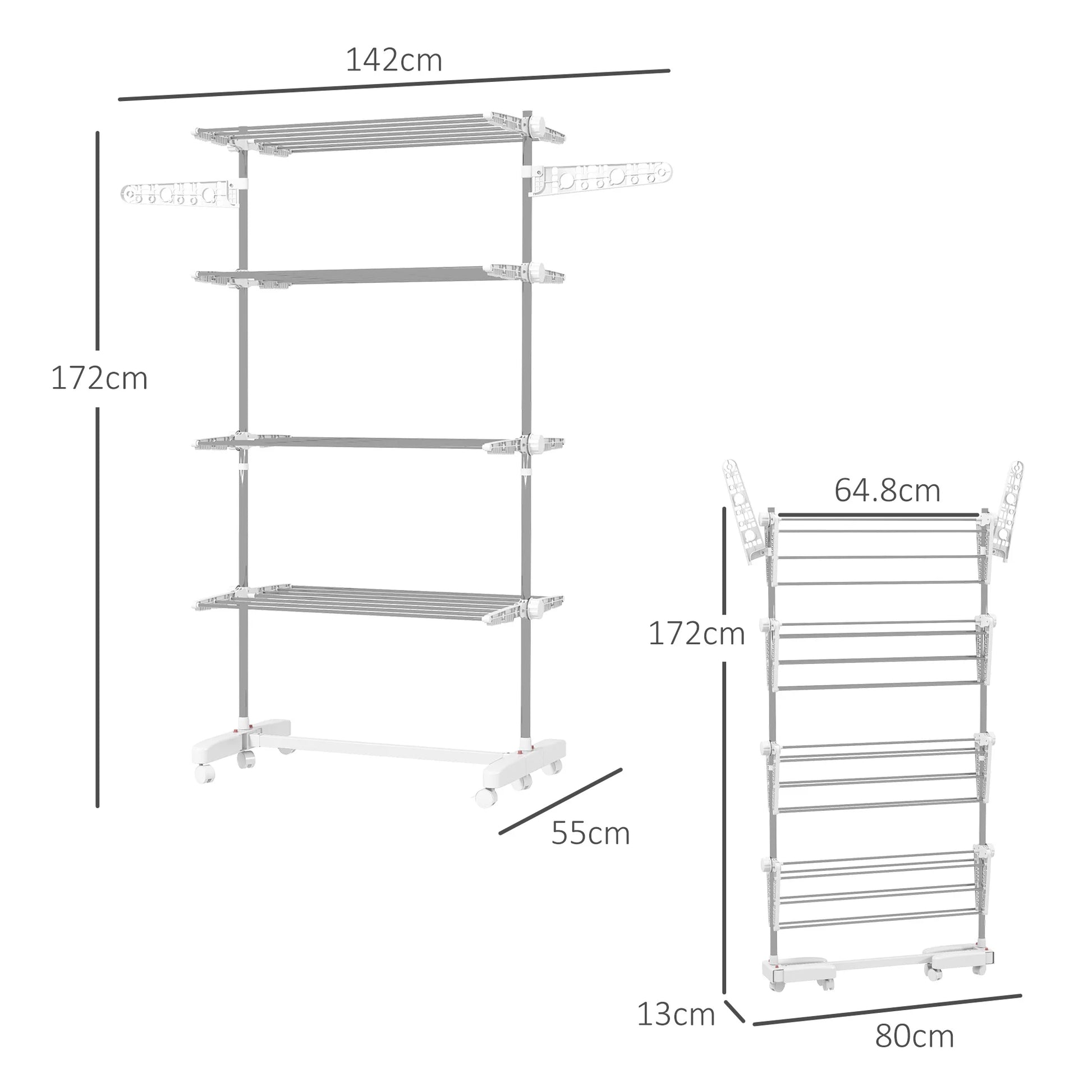 Measurement chart of a multi tiered clothes airer and towel rack on a white background