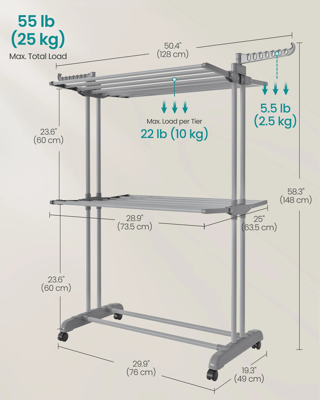 Measurement chart of a three-tier metal rack with dimensions and load capacities.