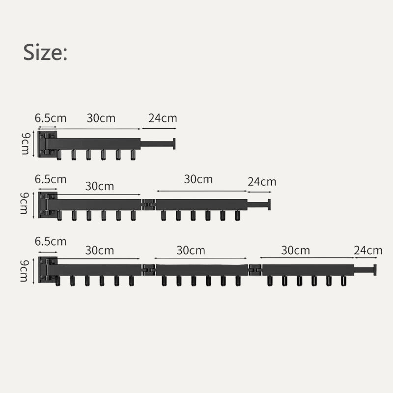Measurement chart showing dimensions of a black metal drying rack/airer on a white background
