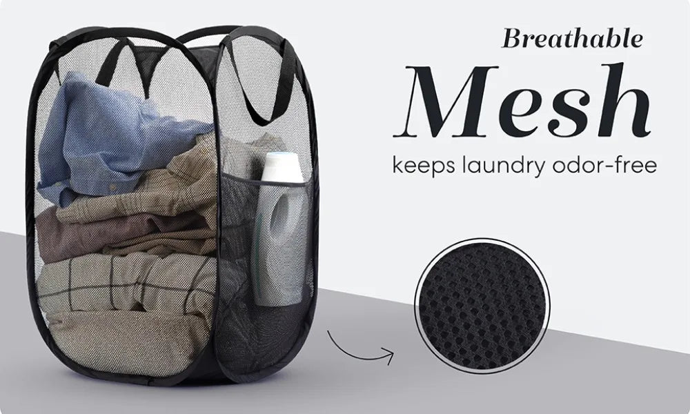 Mesh laundry bag with breathable design, filled with clothes, on a light background.