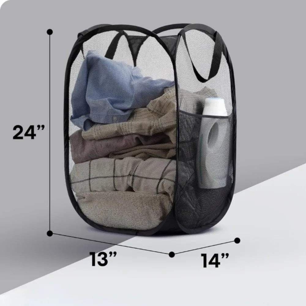 Mesh laundry bag with breathable design, filled with clothes, with dimensions.