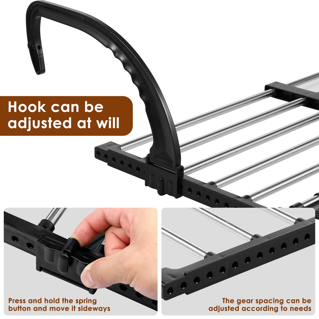 Metal drying rack with adjustable hook and gear spacing, showing a hand adjusting the hook.