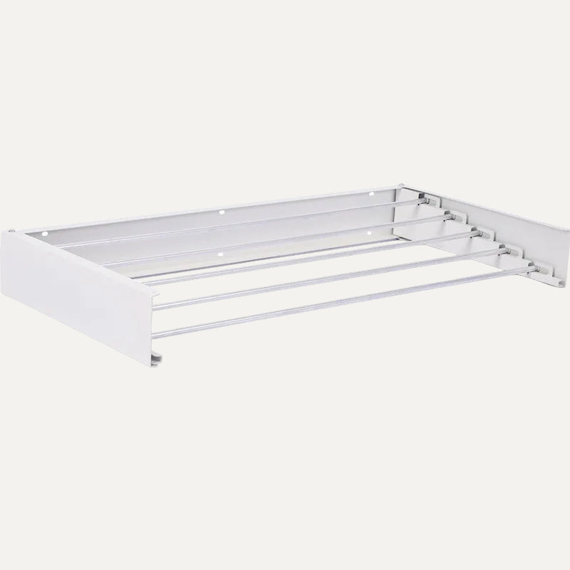 Metal wall mounted clothes airer on a white background