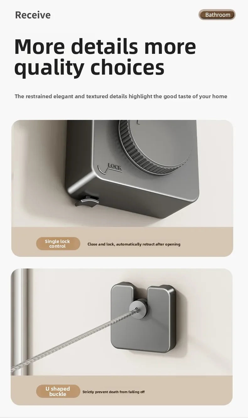 Metallic retractable clothesline mechanism on a beige background, featuring text about quality choices.