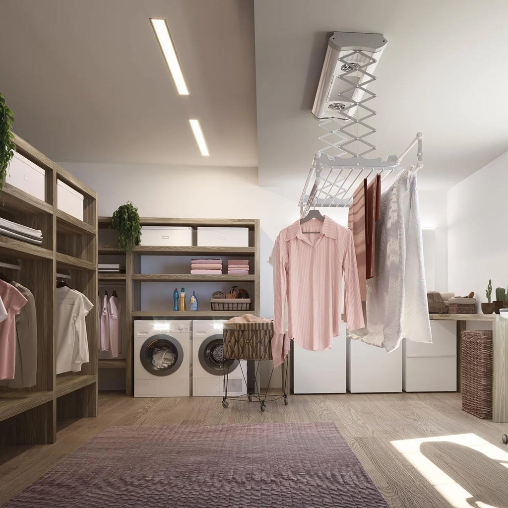 Modern laundry room with shelves, washing machines, and hanging clothes.