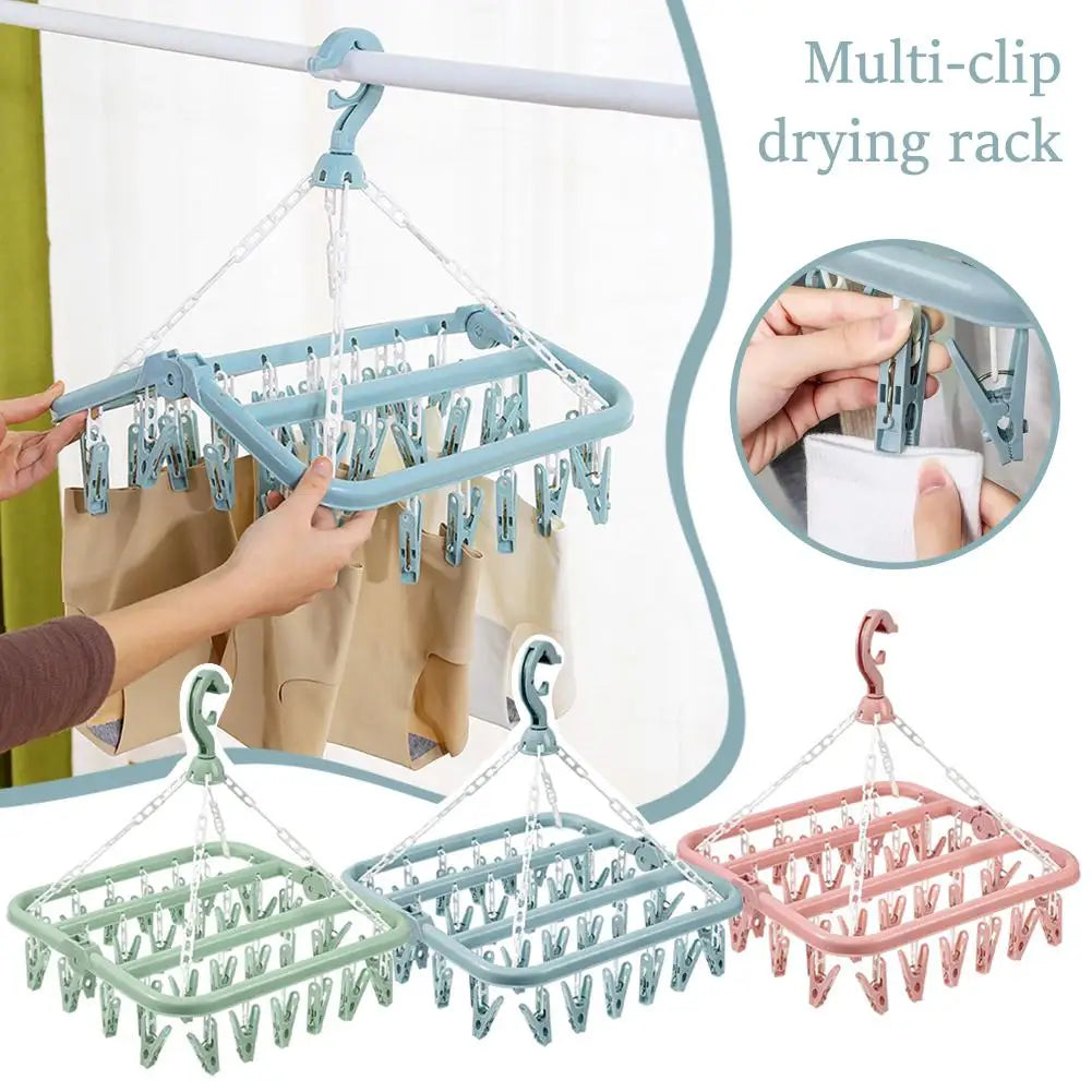 Multi-clip drying rack with clips and a person using it, with inset showing close-up of clips.