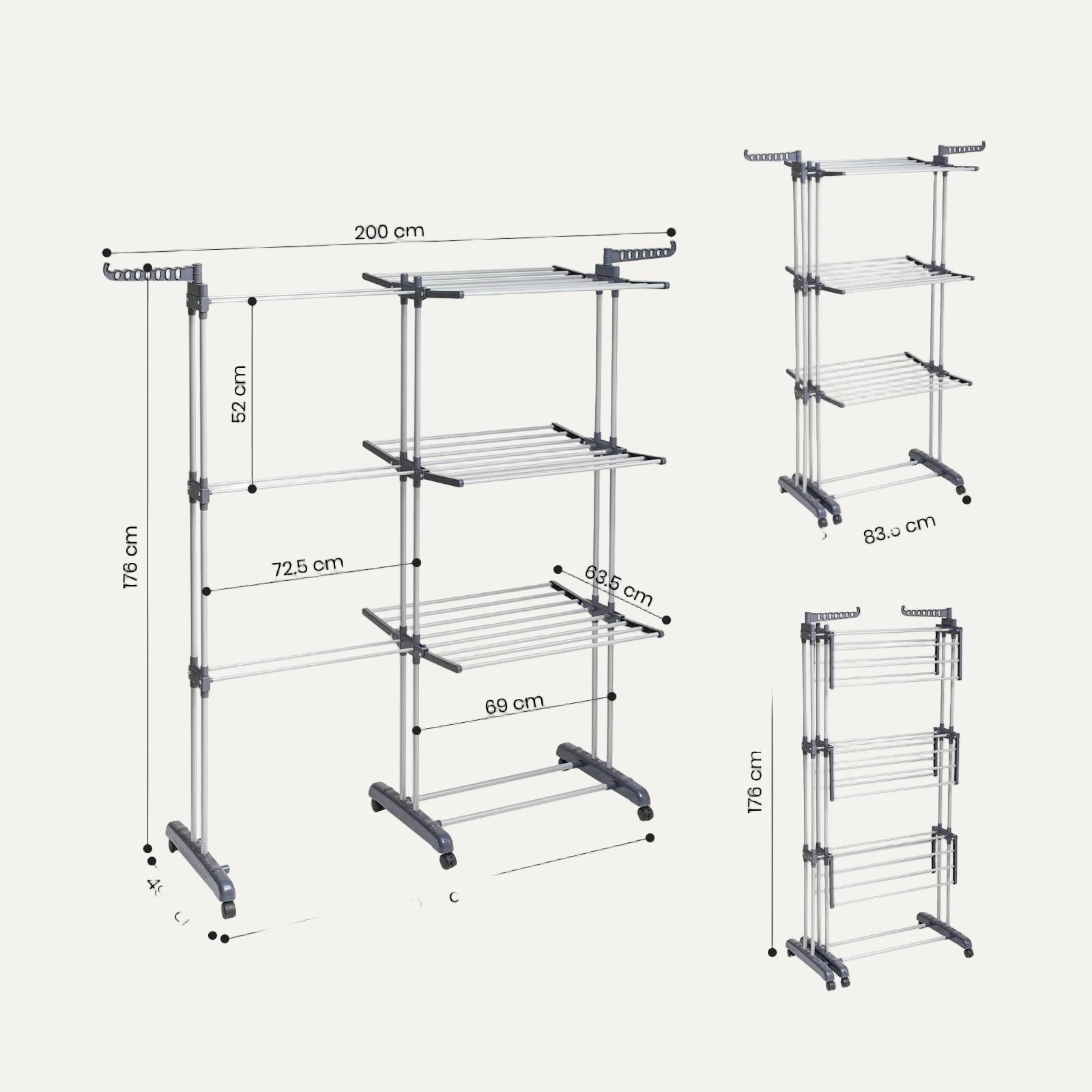 Multi-tiered metal shelf with dimensions on a white background