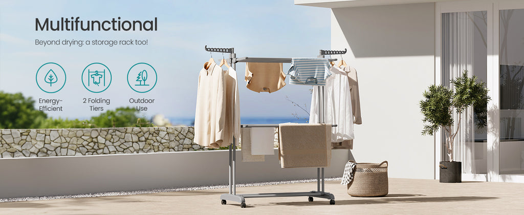 Multifunctional drying rack with clothes in an outdoor setting