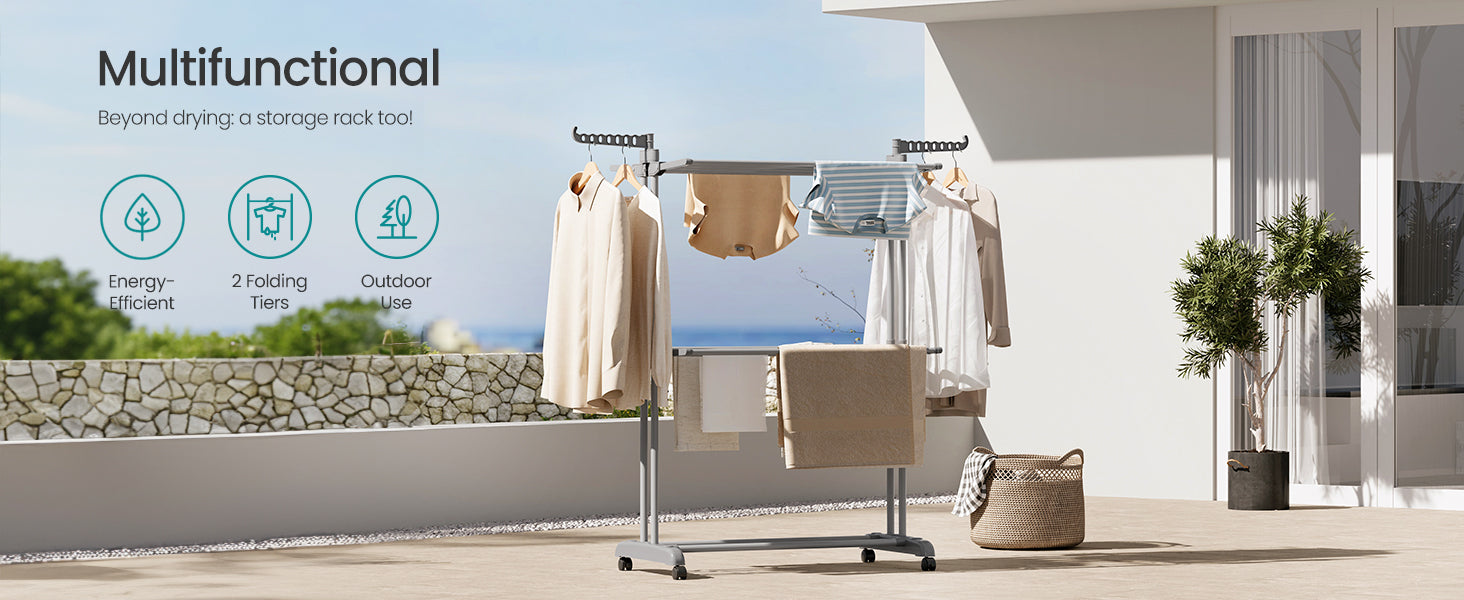 Multifunctional drying rack with clothes in an outdoor setting