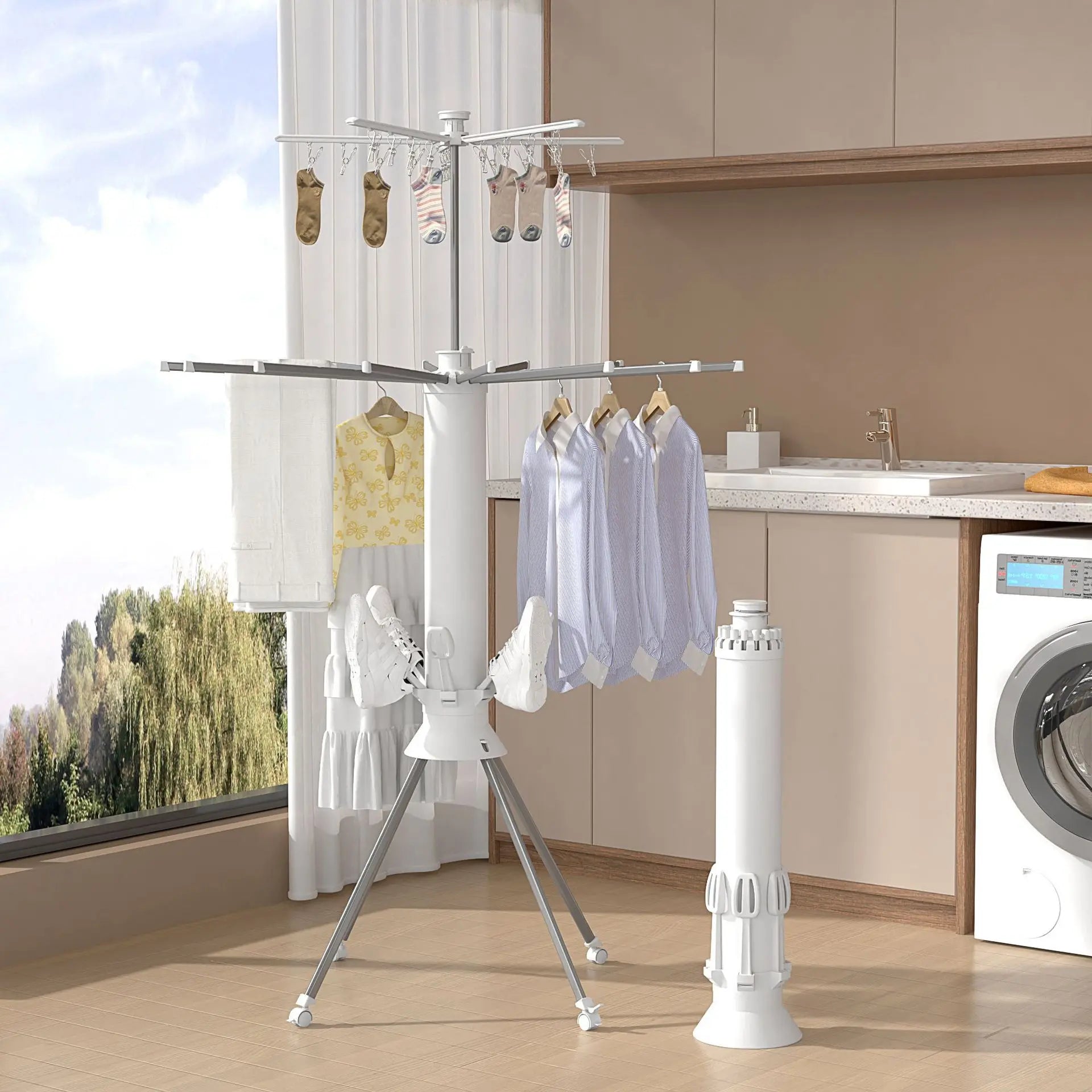 Octopus-Style Foldable Clothes Drying Rack/Airer with clothes and shoes on it in the laundry room