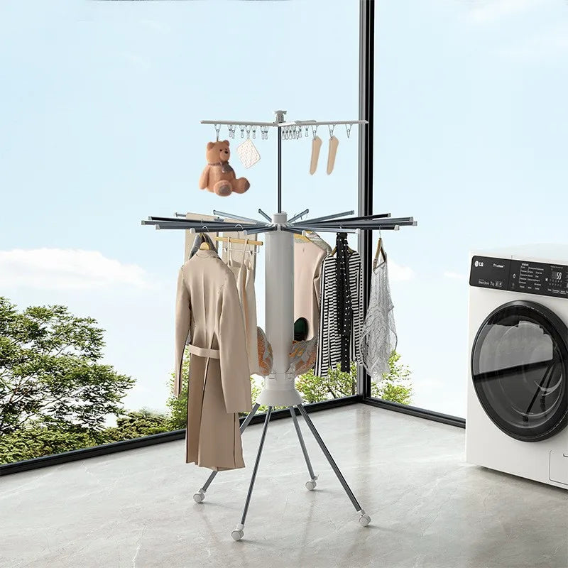 Octopus-Style Foldable Clothes Drying Rack/Airer with clothes and shoes on it indoors near a washing machine