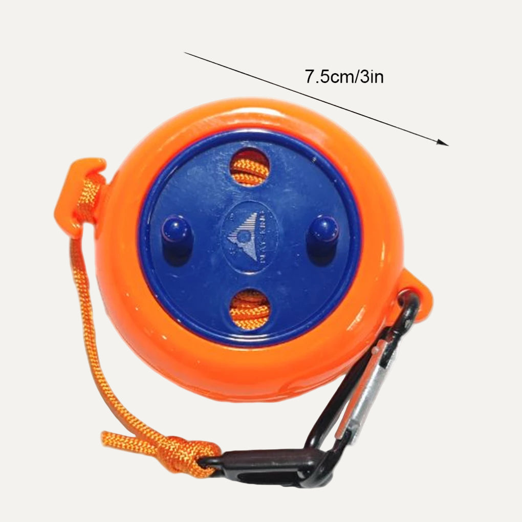 Orange and blue reel with rope and carabiner on a white background with diameter highlighted