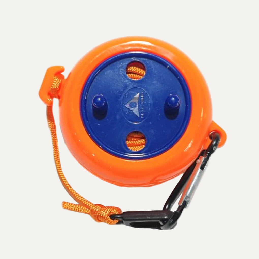 Orange and blue retractable clothesline rope with carabiner on a white background