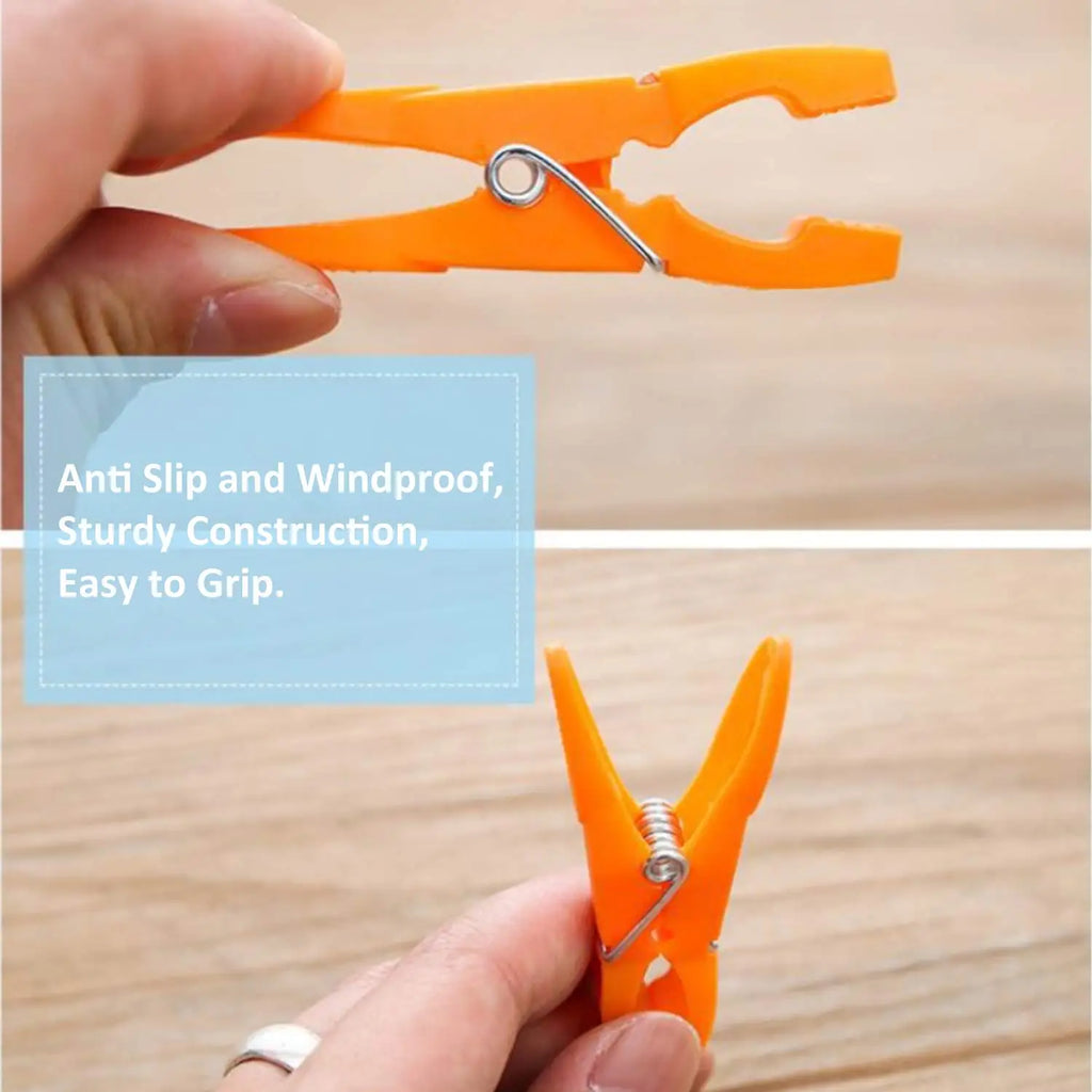 Orange clothespin held by a hand with text about its features on a wooden background