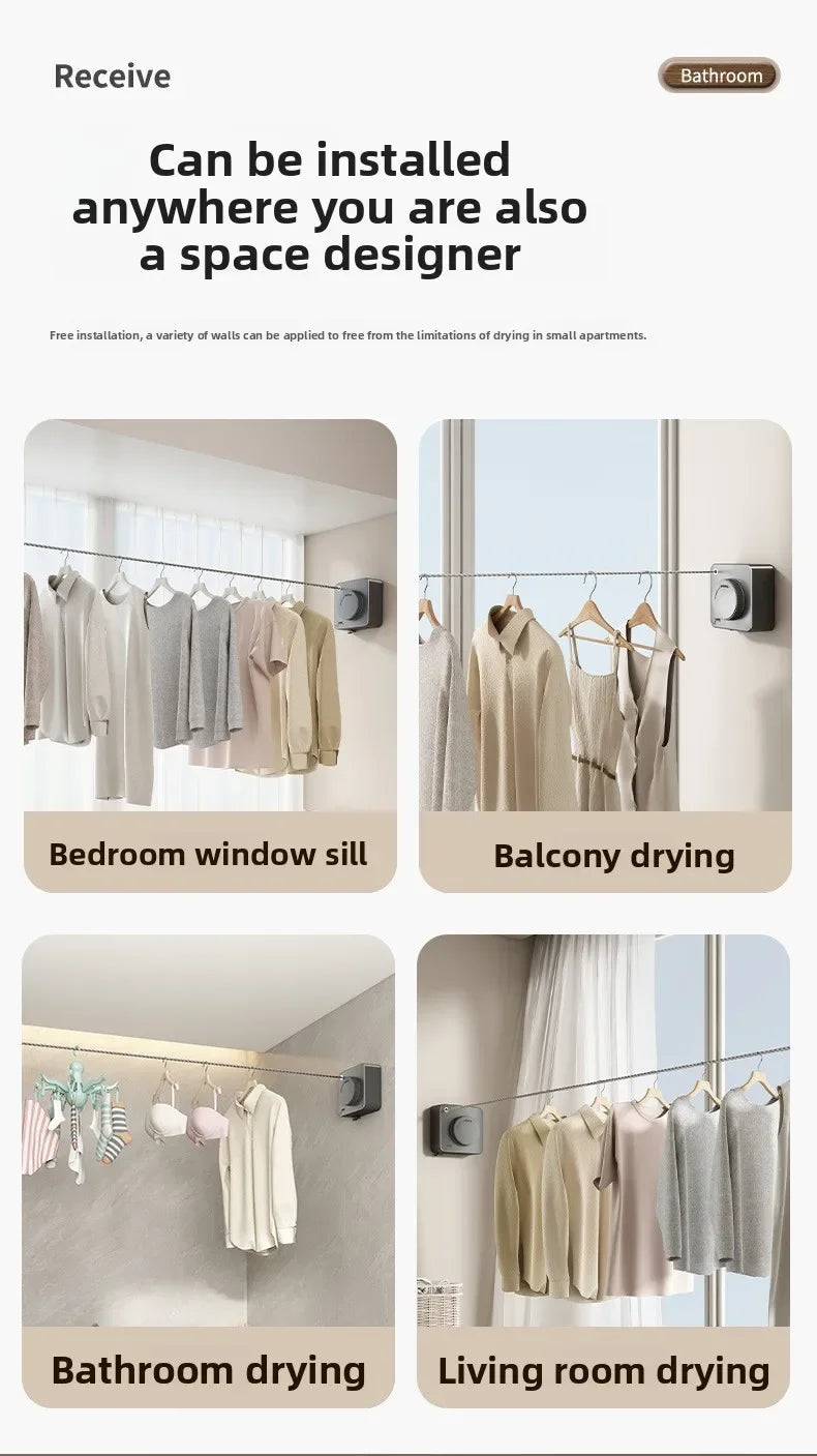 Product advertisement showing various drying solutions for different rooms.
