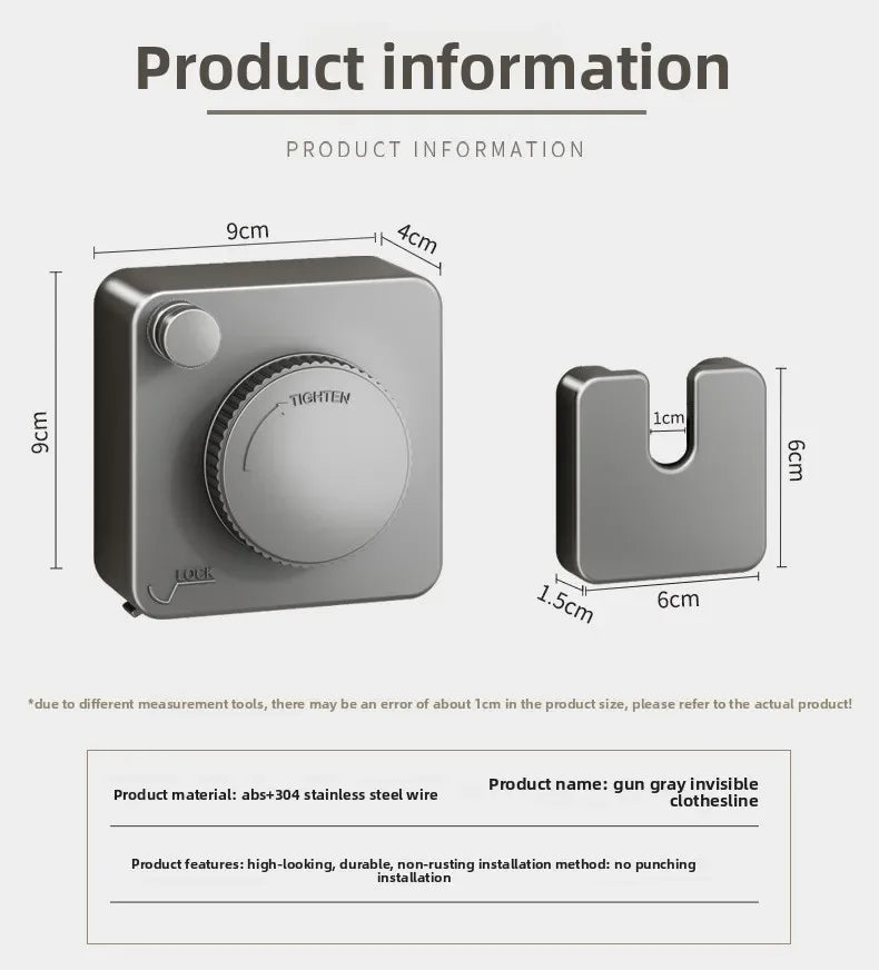 Product dimensions of a gray invisible clothesline with measurement details on a white background.