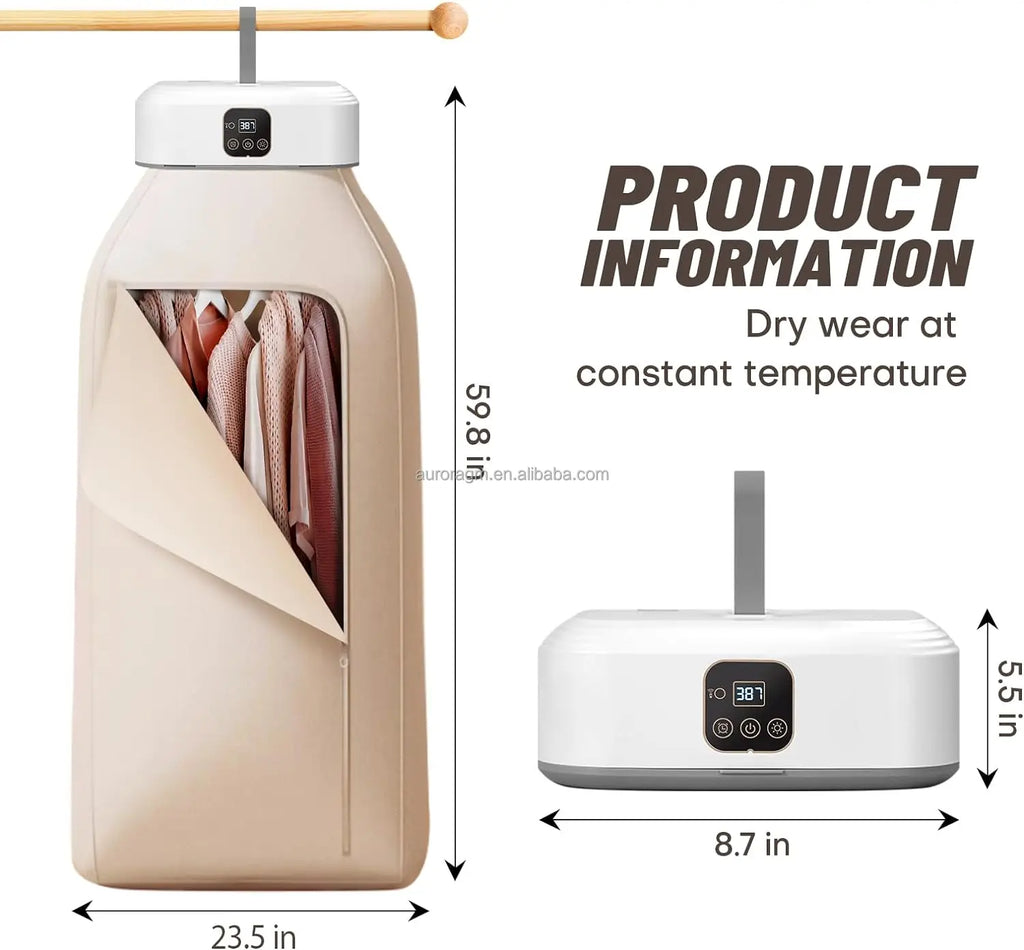Product information graphic of a garment steamer with dimensions and text on a white background
