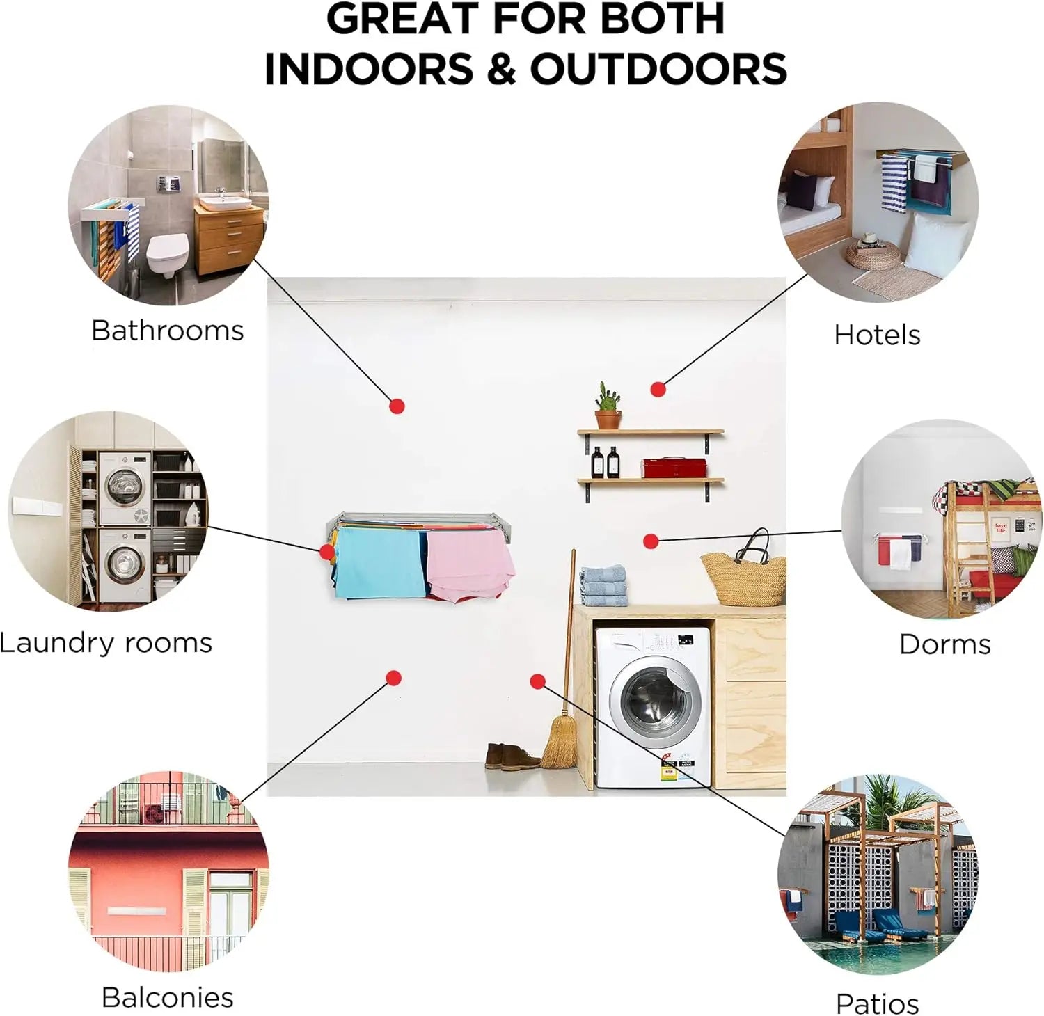 Product versatility in various settings including bathrooms, laundry rooms, hotels, dorms, balconies, and patios.