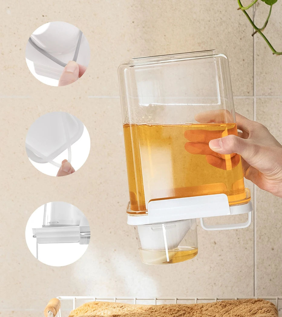 Refillable Laundry Detergent Dispenser with a white lid held by a hand, with close-up insets on a beige background.