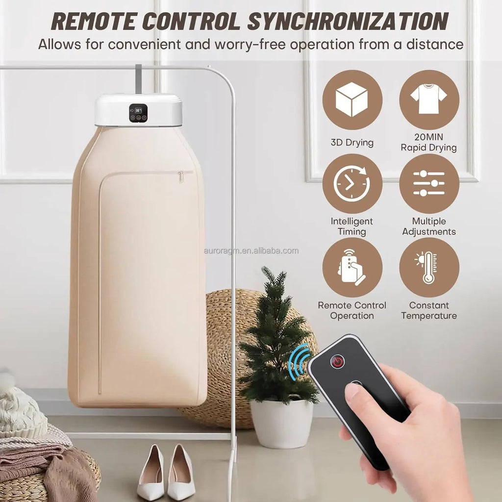 Remote control synchronization device with a hand holding a remote and a dryer in the background.