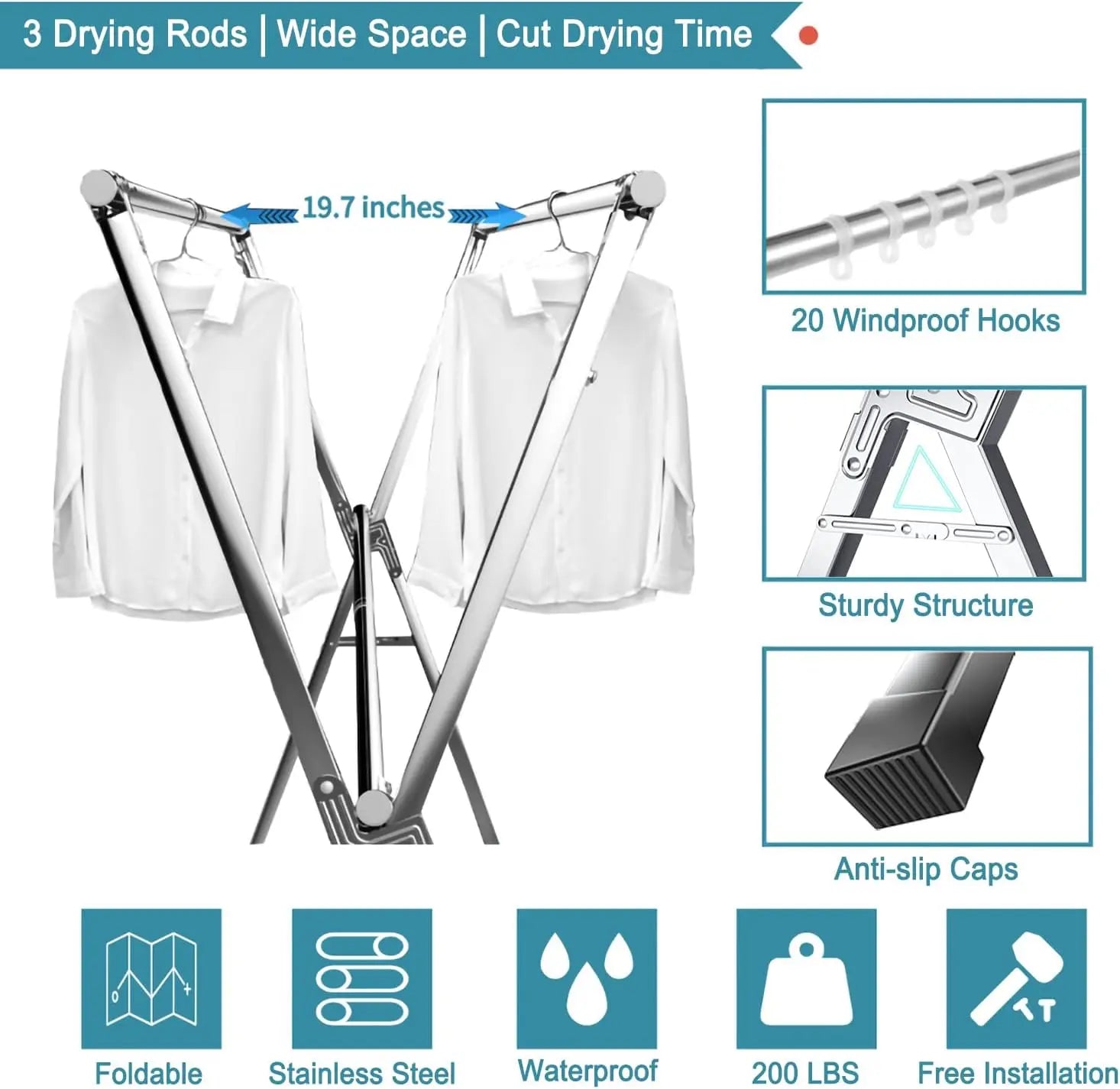 X-Shape Foldable Stainless Steel Clothes Airer – 2M Extendable Indoor & Outdoor Drying Rack
