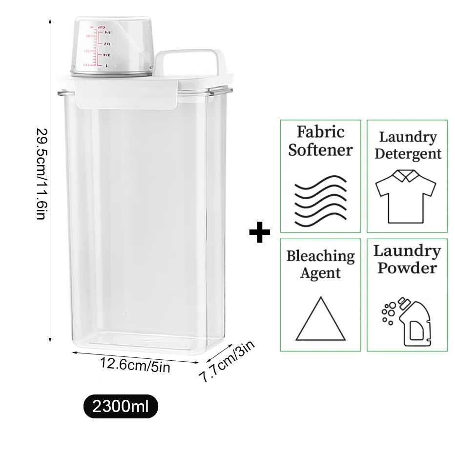 2300Ml Refillable Laundry Detergent Dispensers with it's dimensions and different uses highlighted